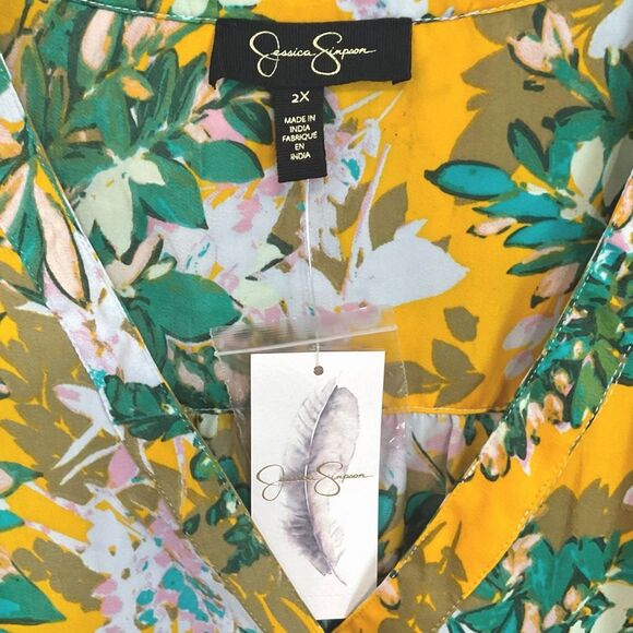 JESSICA SIMPSON Shiloh Satin Dress Yellow Floral Print Golden Rod Sz 2X NWT - Picture 4 of 11